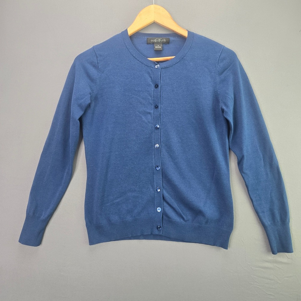 August Silk Cardigan Sweater S Blue Button Up Crew Neck Long Sleeve Lightweight